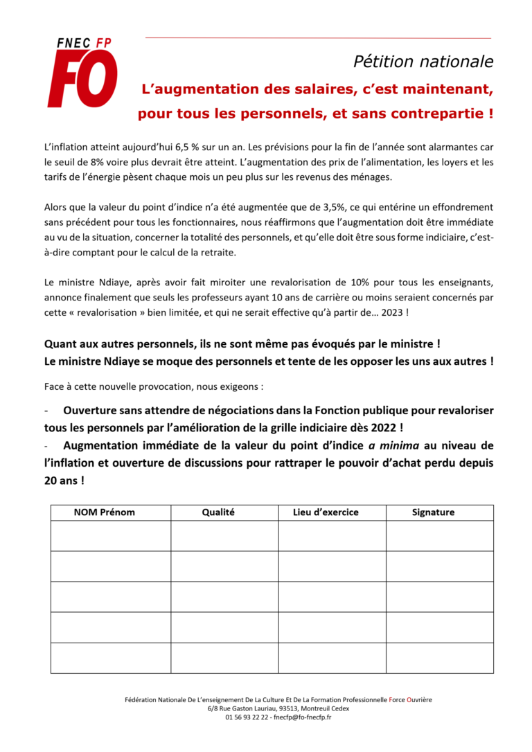 Pétition nationale de la FNEC FP FO L augmentation des salaires c